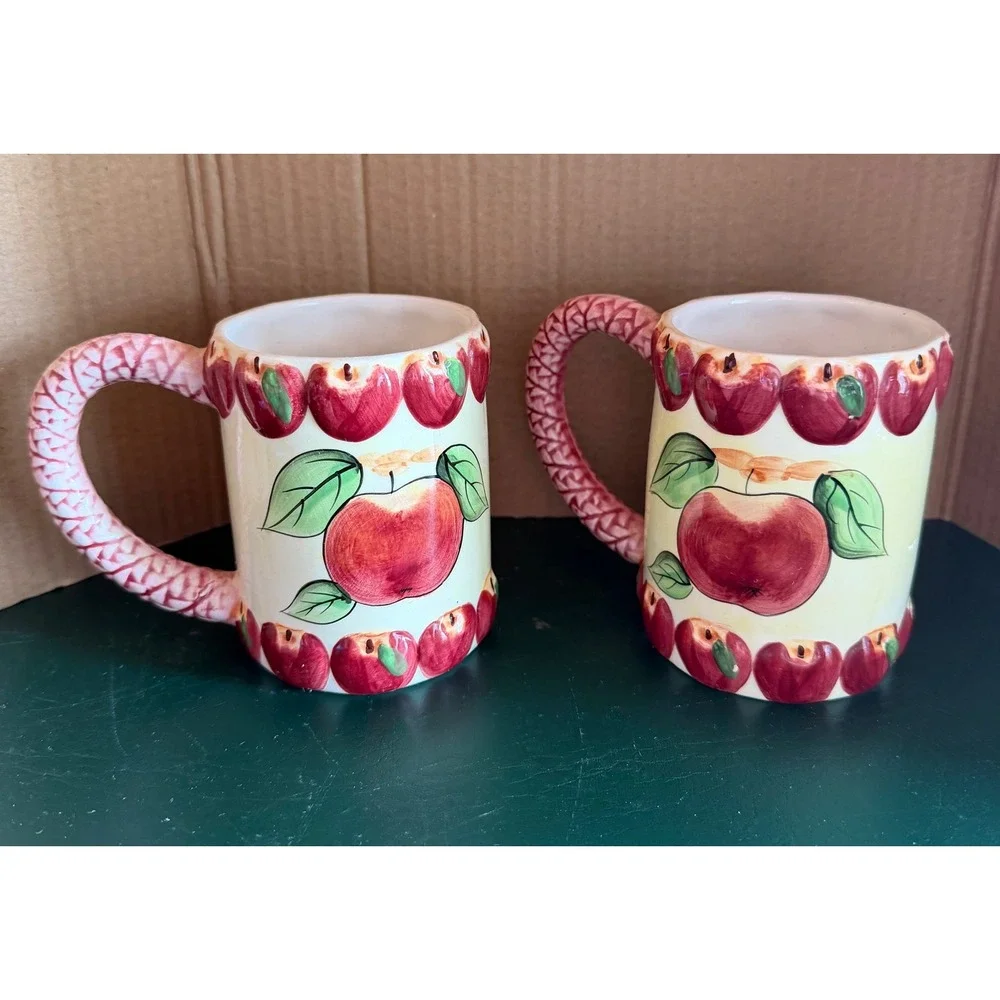 Seymour Mann Vintage Apple Teapot and Mugs Set Hand Painted Faience Ceramic 3pc